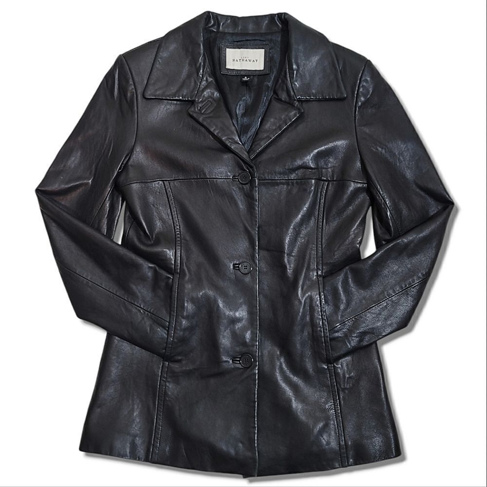 Hathaway Vintage Black Leather Buttery Soft Button-Up Fitted Jacket Coat